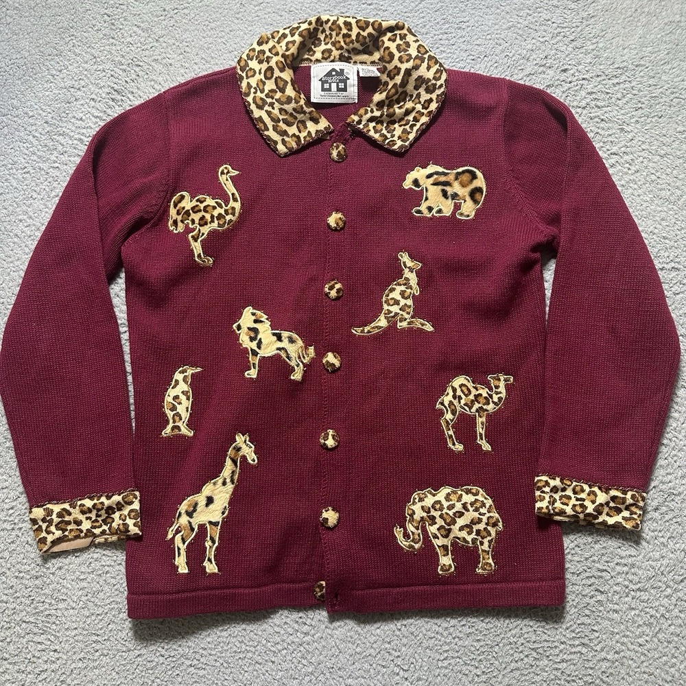 Storybook Knits Animal Print Sweater Cardigan Leopard Sequin Kitch Grandma Sz M